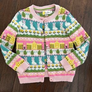 Mini Boden Girls' Pink & Teal Bunny Fair Isle Cardigan, size 3/4